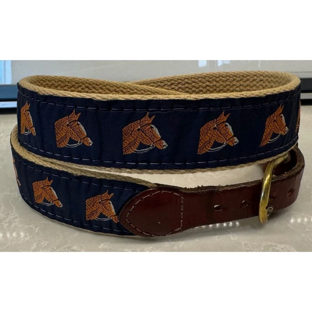Bridled Horse Equine Canvas Leather Belt - Size 28 - Navy